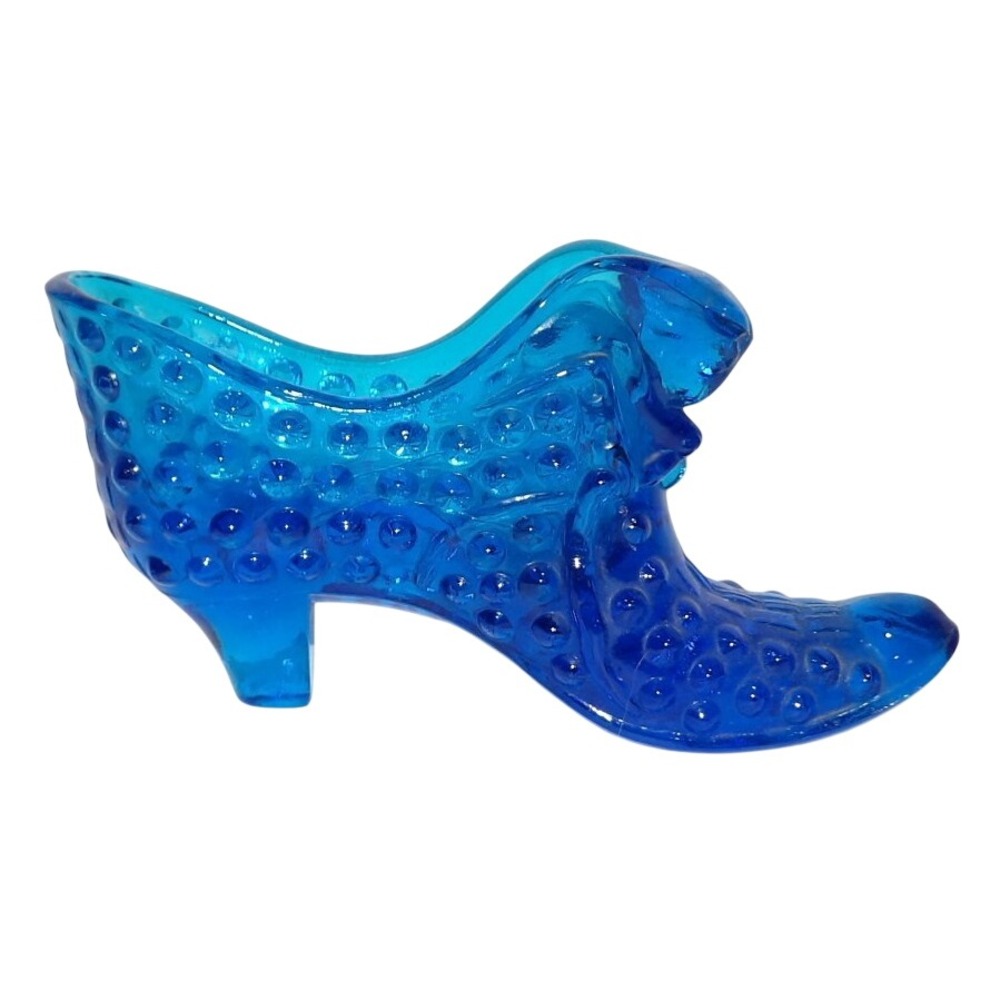 Fenton Cobalt Blue Glass Hobnail Cat Head Slipper Shoe Figurine Vintage MCM